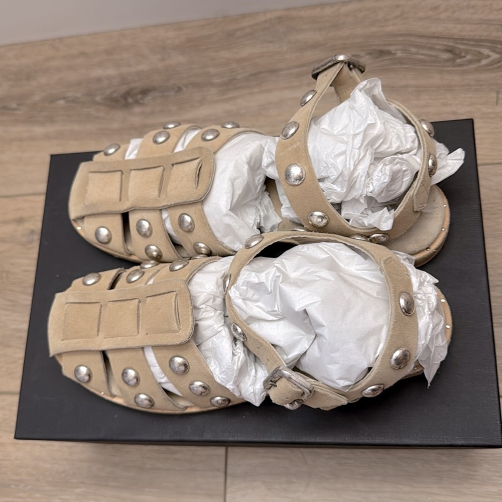 Freda Salvador Sera Fisherman Sandal in stucco suede with Studs, size 5.5